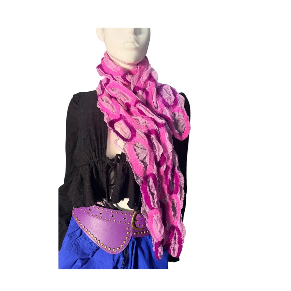 Handmade Pink Nuno Felted Wool Silk Ruffle Scarf‎ Artisan Wearable Art Fuchsia